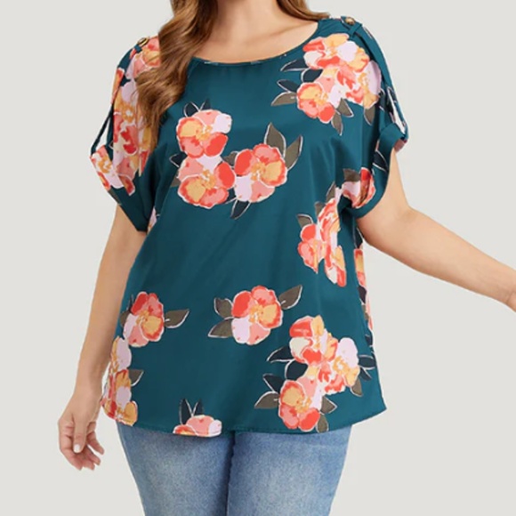 Floral teal blouse, side 22-24 - Picture 1 of 5